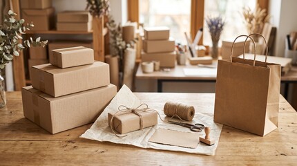 Fototapeta premium Eco-friendly craft packaging station with brown cardboard boxes, recycled paper shopping bag and twine on wooden table, sustainable small business shipping supplies