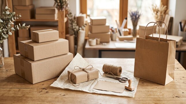 Eco-friendly craft packaging station with brown cardboard boxes, recycled paper shopping bag and twine on wooden table, sustainable small business shipping supplies