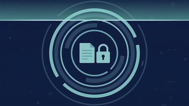 Abstract Digital Cyber Security Concept with Document and Padlock Icon in Circular HUD Interface