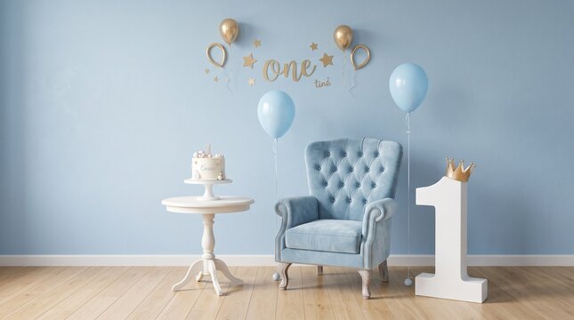 First birthday studio background with blue armchair, gold decorations for 1st birthday party, cake smash photography set with balloons and number one