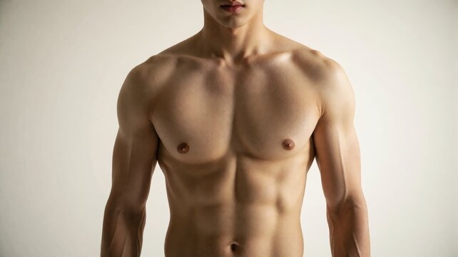 Muscular, shirtless male model posing with confidence, showcasing athletic build