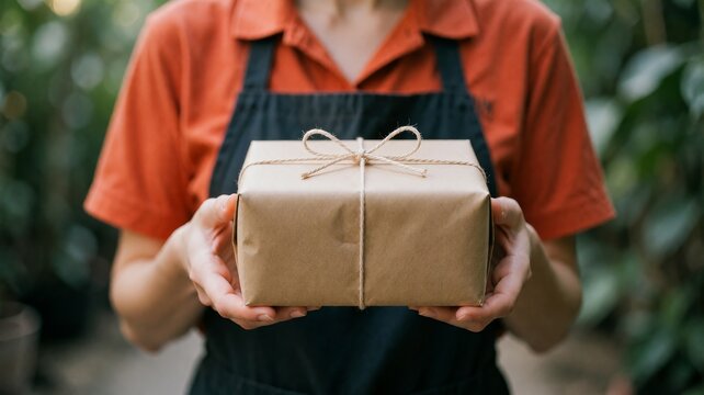 Person holding a neatly wrapped brown paper package