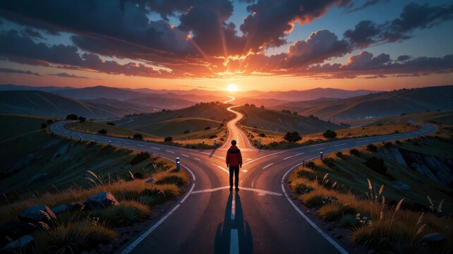 Person Standing at Fork in the Road Facing Sunset