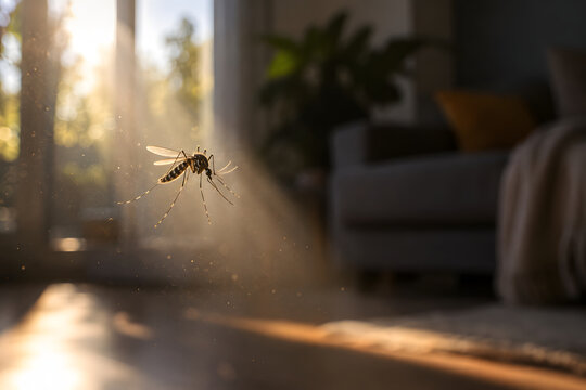 Aedes mosquito illuminated in a sunbeam inside a modern home, with floating dust and soft interior bokeh, creating a striking visual for disease prevention, travel medicine and climate health.