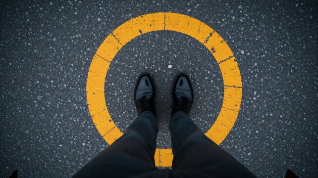 Person Standing Inside Yellow Painted Circle on Asphalt Road