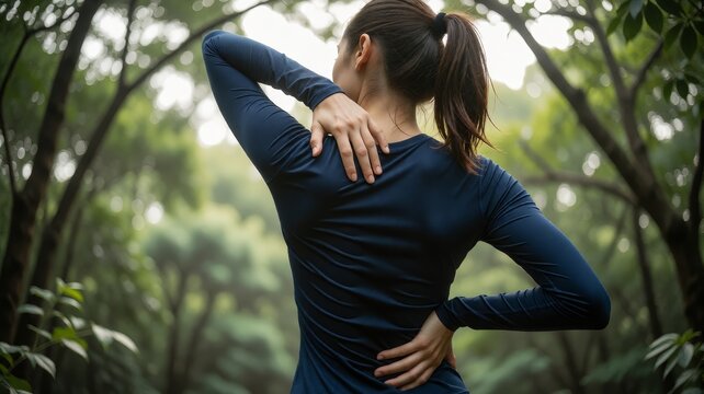 Person stretches outdoors in greenery, mid-movement, natural light