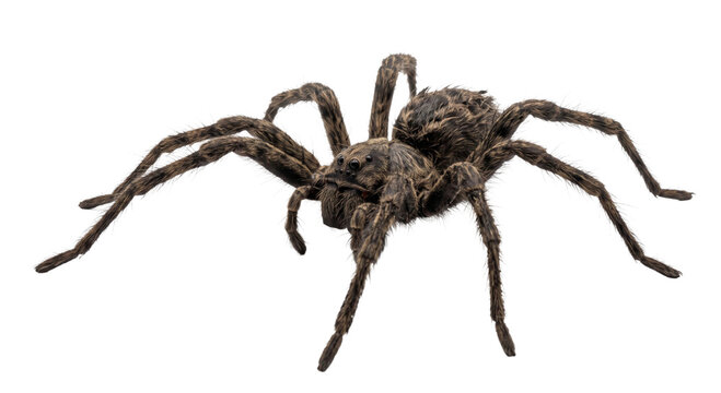A detailed close-up of a large brown wolf spider isolated against a clean white background