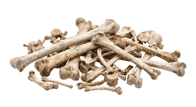 A pile of weathered animal bones isolated on a white background for scientific study or display
