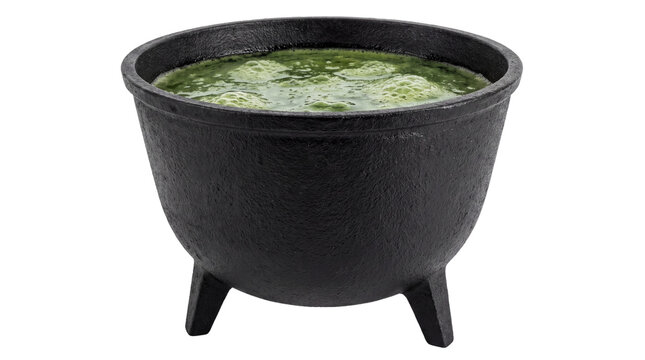 Witch cauldron with bubbling green potion, cast iron magic pot for Halloween, mystical brewing vessel with toxic liquid, occult alchemy prop isolated PNG with Transparent Background