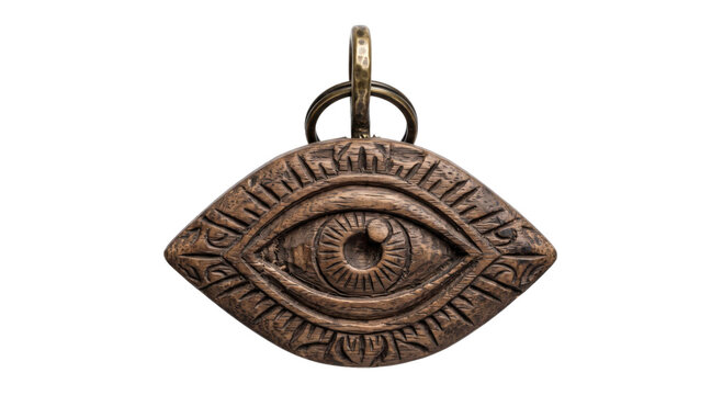 Handcrafted wooden evil eye pendant with intricate carvings isolated on a white background