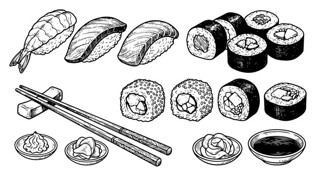 Sushi set with nigiri maki rolls chopsticks and soy sauce in vintage engraving style