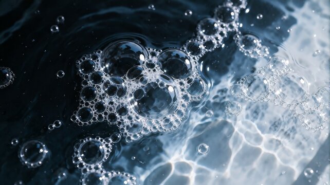 Soap Bubbles Floating on Dark Blue Water Surface