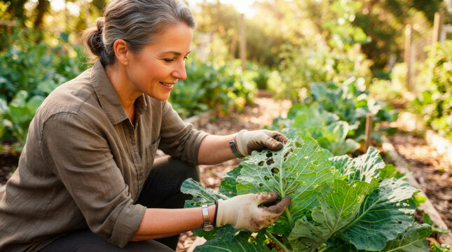 Woman gardening and harvesting fresh greens in organic vegetable garden, focusing on beautiful leaves and plants. Gardening includes caring for leafy greens and enjoying nature.