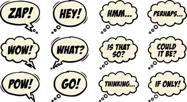 Retro Comic Speech And Thought Bubbles Vector Clipart Word Balloons