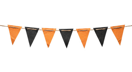 Obraz premium Halloween bunting banner with orange and black triangular flags hanging on a rustic twine string