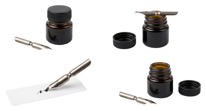 Vintage ink bottles and dip pen nib on transparent background