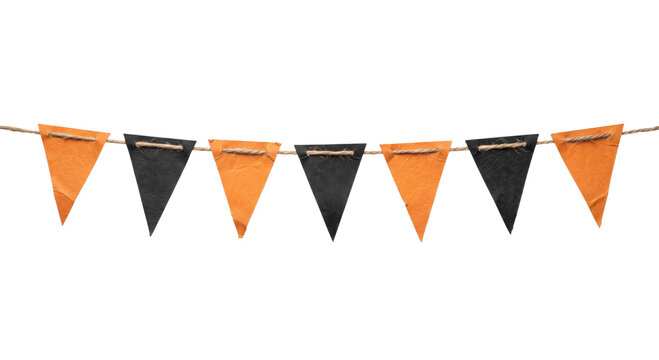 Halloween bunting banner with orange and black triangular flags hanging on a rustic twine string