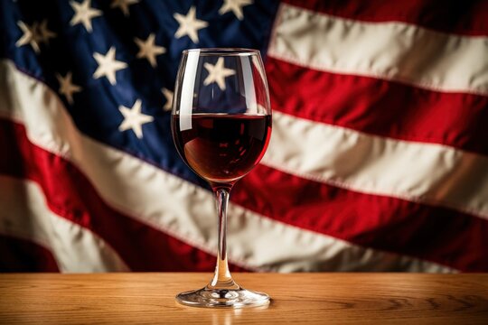 Glass of red wine sits on wood table before blurred USA flag background. Celebrate national holiday with drink. Perfect for patriotism content, bars, restaurants.