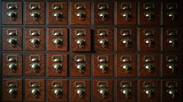Wooden drawers with metallic handles arranged in grid pattern
