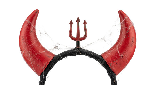 Red devil horns headband with a small trident accessory covered in realistic spider web decor