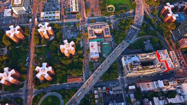 Vibrant urban grid pattern in New York City during golden hour. 
