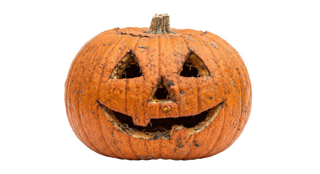 A weathered jack-o'-lantern with a carved face isolated against a clean white background