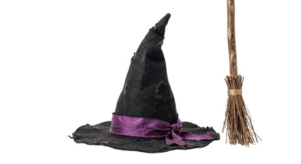A weathered black witch hat with a purple ribbon and a rustic wooden broom on white background © Sapphire