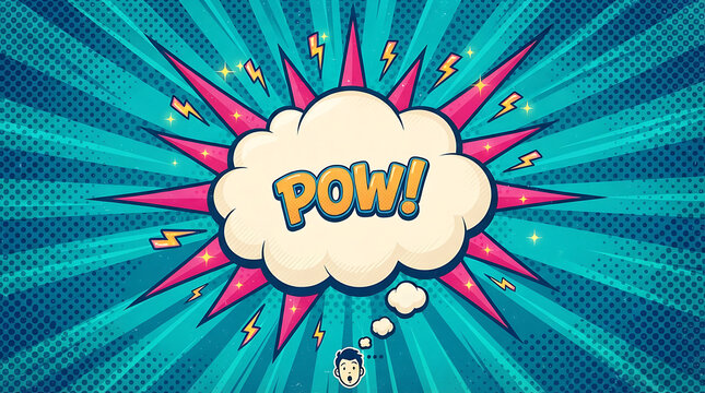 Comic book action explosion background with pow text and a surprised person