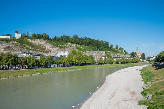 view from Salzach riverside to Monchsberg mountain. landscape Salzburg, austria