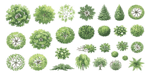 Fototapeta premium Set of top view trees and bushes for architectural landscape design plans and exterior map site development