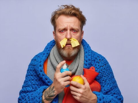 Miserable Bearded Man Wrapped in a Warm Blanket, Suffering from a Cold, Holding Remedies Like a Hot Water Bottle and Nasal Spray