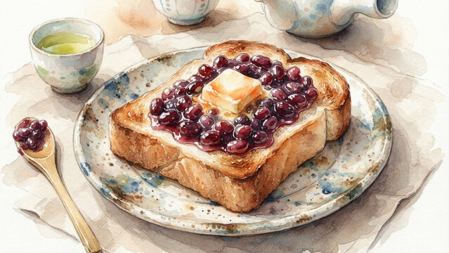 Watercolor painting illustration of a traditional Japanese morning breakfast featuring azuki red bean paste and butter toast, served with green tea.