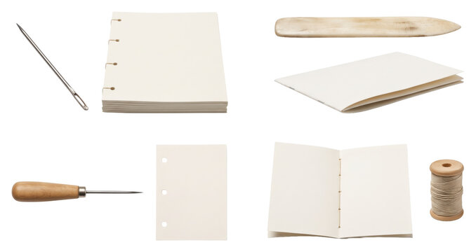 Bookbinding tools and paper crafting on transparent background