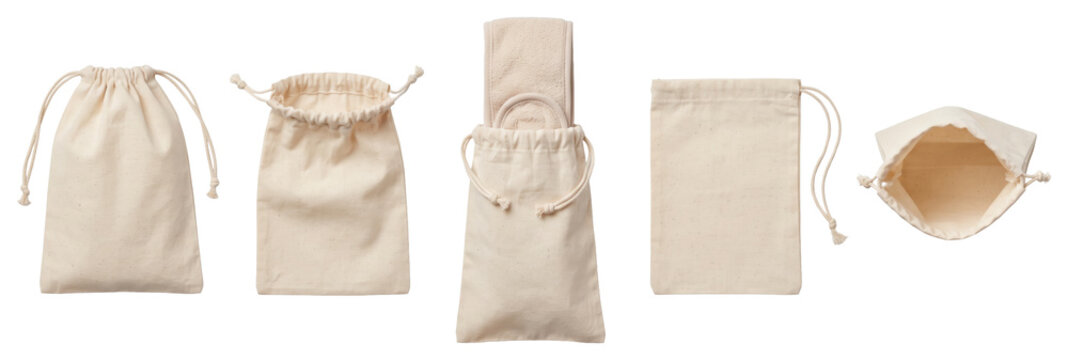 Unbleached drawstring fabric bags and on transparent background