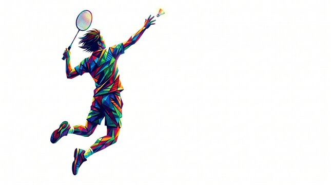 Badminton player jumping to hit shuttlecock in colorful low poly art