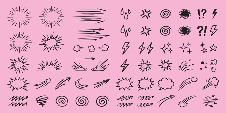 Set of hand drawn manga comic book effect elements including speed lines explosions and angry symbols