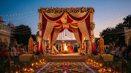 Fototapeta premium Indian Wedding Rituals With Couple Sitting At The Sacred Fire Mandap