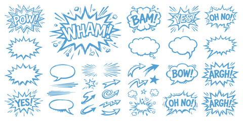 Set of hand drawn comic book speech bubbles and explosion sound effect signs with blue and green color accents © ZenVectors
