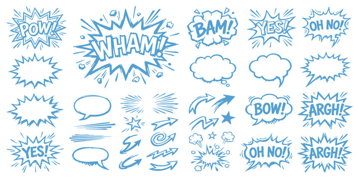 Set of hand drawn comic book speech bubbles and explosion sound effect signs with blue and green color accents