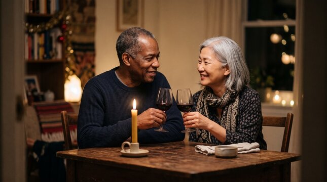 Elderly couple enjoying a romantic candlelit dinner with red wine at home