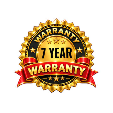 Shiny gold 7 year warranty badge with red ribbon and stars