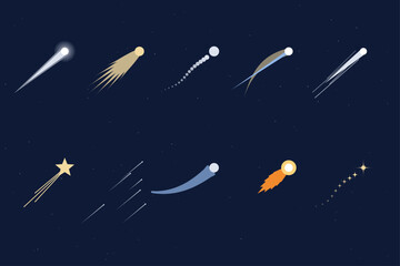 Comets and meteors set shooting stars and fireball on midnight blue © Clipart