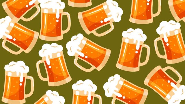 Seamless animated beer mug pattern with frothy golden drinks on a festive background, perfect for Oktoberfest