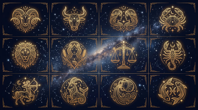 Ilustrasi 12 zodiak lengkap dengan gaya Seni Garis emas berseri dalam bingkai ornamen Klasik berlatar belakang Galaksi Bima Sakti dan bintang-bintang.