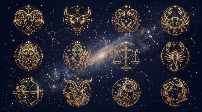 Ilustrasi 12 simbol zodiak melingkar berwarna emas melayang di atas pemandangan malam galaksi dan tatanan rasi bintang yang megah.