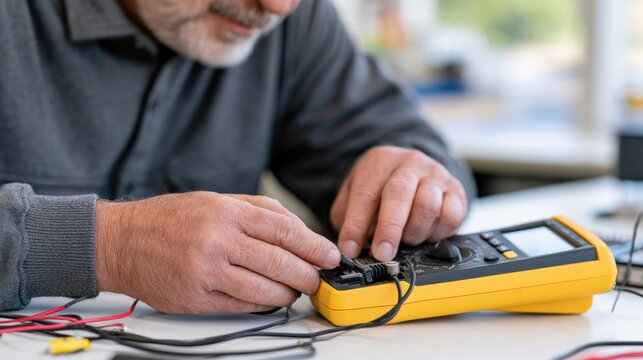 Mature man testing battery with multimeter and probes on workbench, hands adjusting electrical contacts beside scattered wires in bright home workshop setting