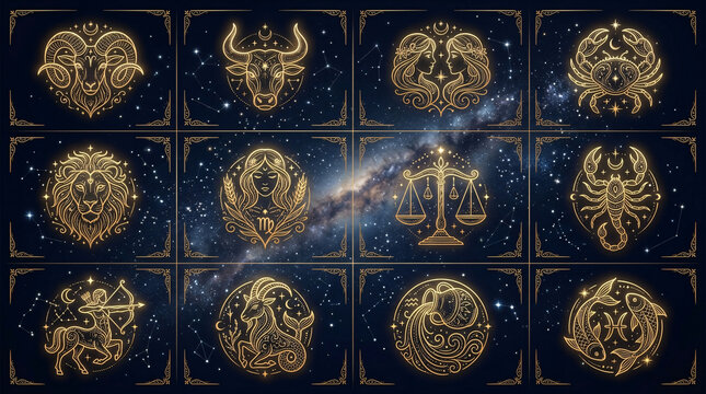 Desain pola grid 12 rasi bintang zodiak berwarna emas dengan bingkai elegan di atas latar belakang galaksi luar angkasa bernuansa kosmik.