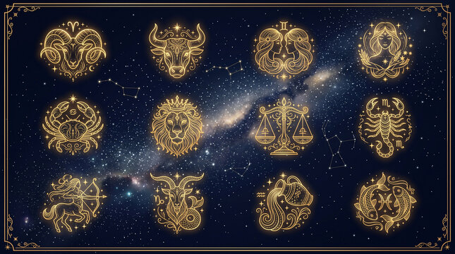 Set 12 tanda zodiak bernuansa emas dengan gaya seni garis berbingkai emas elegan di atas latar belakang galaksi Bima Sakti dan bintang-bintang.
