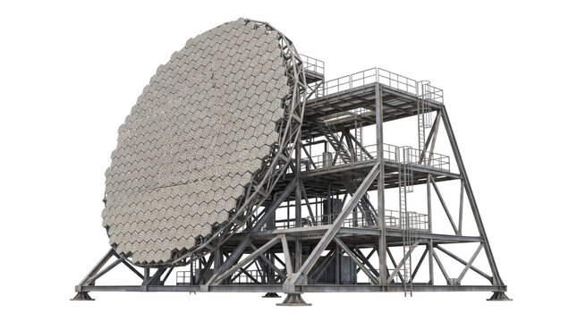 Large parabolic dish antenna array with steel scaffolding tower framework and focal receiver feed. Telecommunications satellite deep space tracking radar isolated on white background setting.