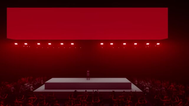 Wide Pull-Back Shot Exposing a Red LED Banner and Cheering Fans Below